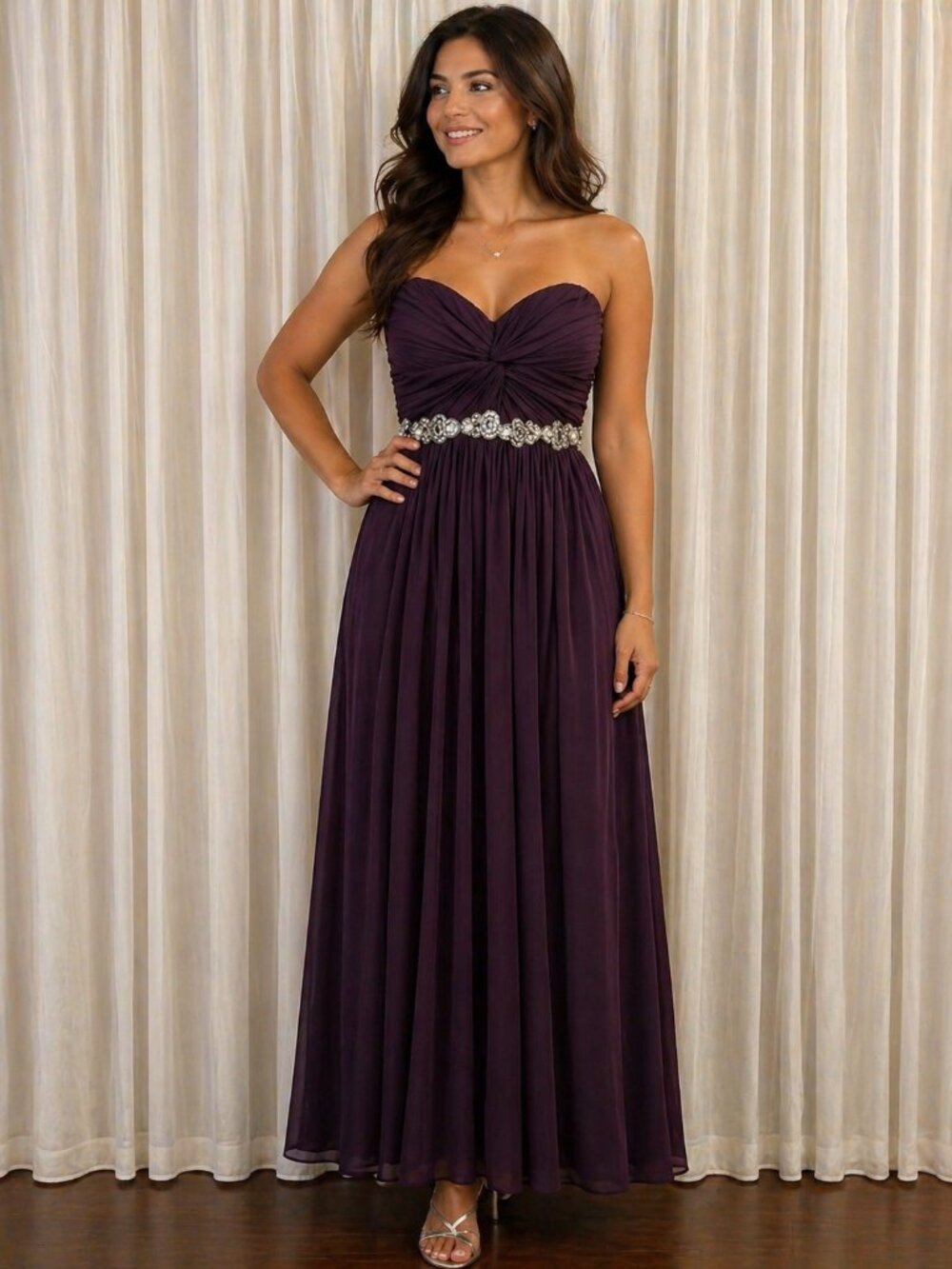 Strapless Deep Purple Chiffon Evening Gown